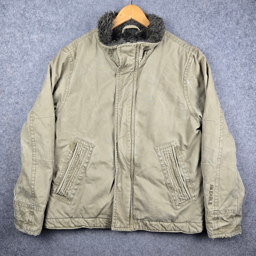 American Eagle Jacket Mens Large Tan Faux Fur Lined Workwear Utility Bomber Coat